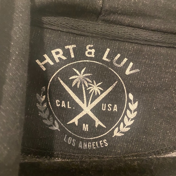 Grey, medium, distressed hoodie with pink and yellow print on the back - Picture 3 of 3